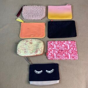 Ipsy Makeup Bag 7pc Sherpa Travel Passport Eyelash Ombre Cosmetic Pouches GUC
